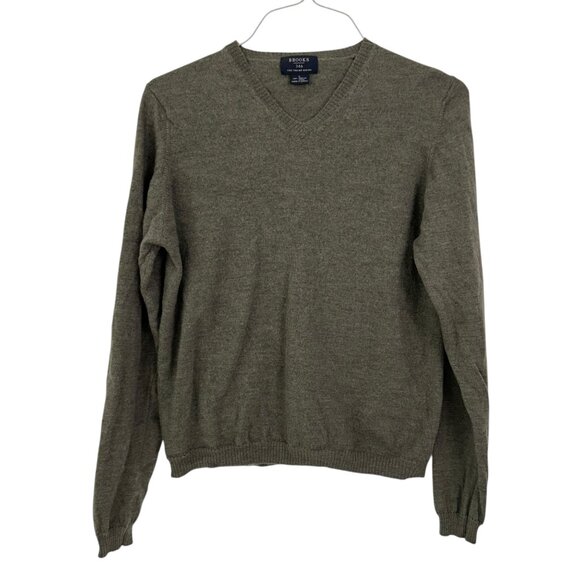 Brooks 346 Mens Fine Italian 100% Merino Wool V-Neck Sweater SZ L Olive Green - Picture 2 of 11